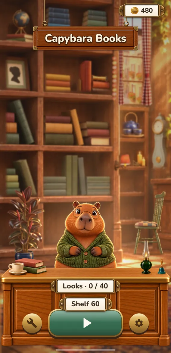 Capybara Books home screen: the repaired bookshop by day, the capybara bookseller behind the counter