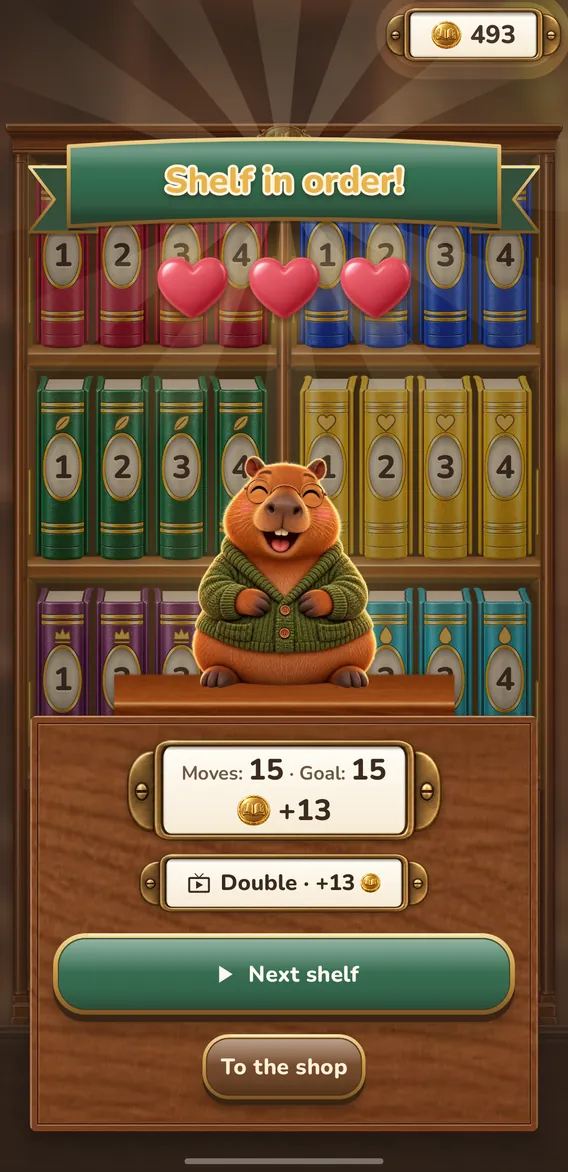 The win: three hearts, moves against the goal and coins earned