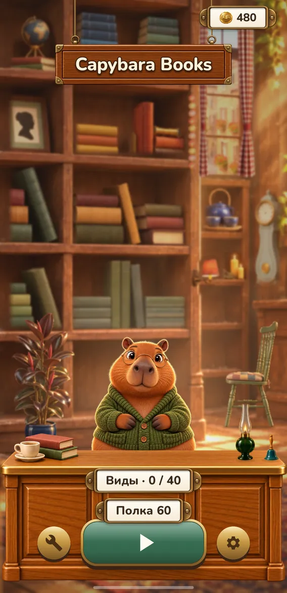 Главный экран Capybara Books: отремонтированная лавка днём, капибара-букинист за прилавком