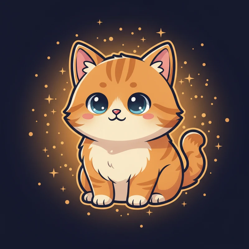 A friendly ginger kitten surrounded by warm amber sparkles