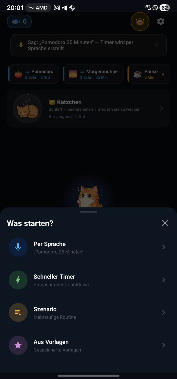 Startmenü mit den Optionen Sprache, Schnell-Timer, Szenario und Presets