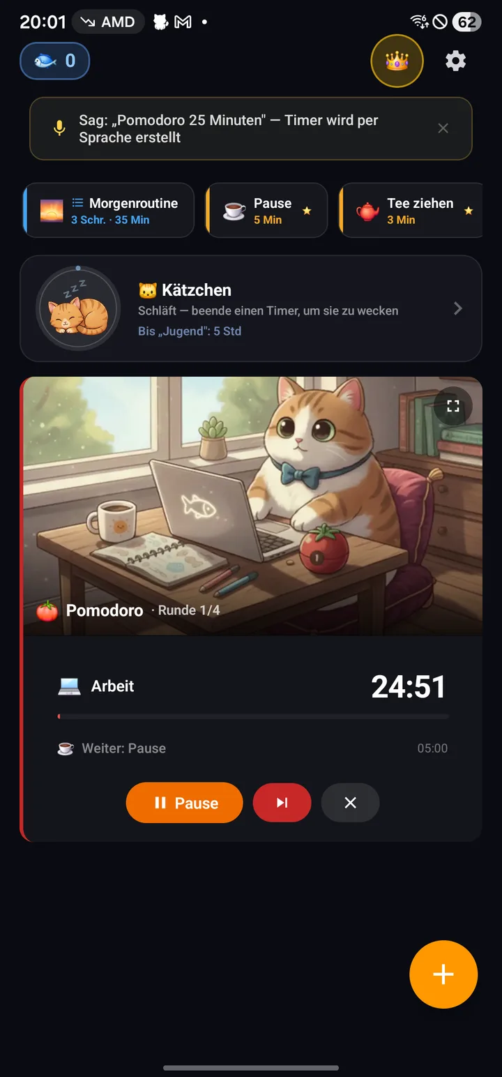 Aktives Pomodoro-Szenario, Runde 1 von 4, noch 24:57