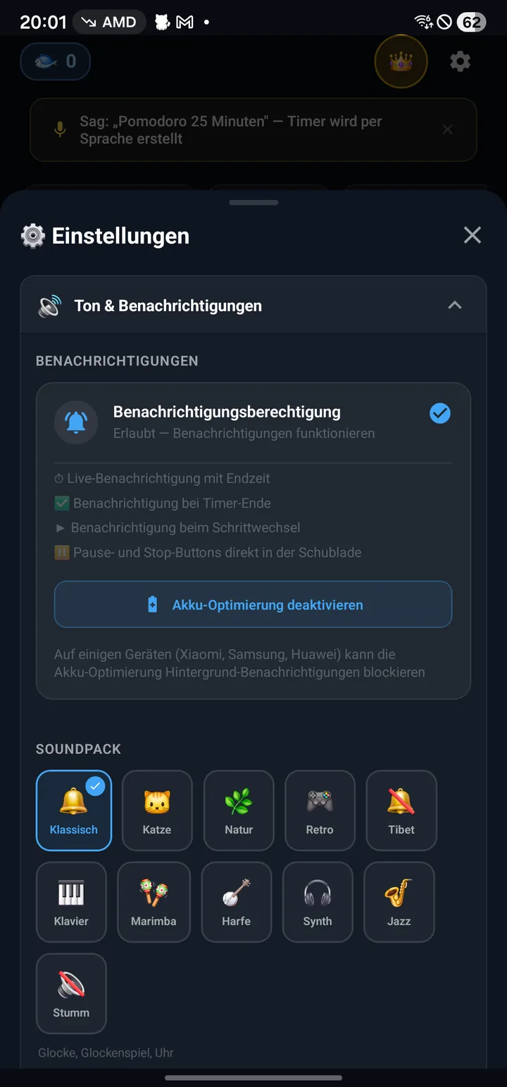 Einstellungen mit einem Raster aus Soundpacks