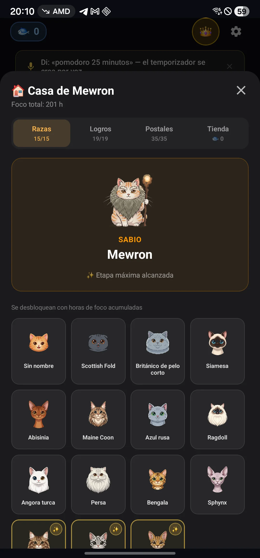 Casa de Gatos con las 15 razas desbloqueadas