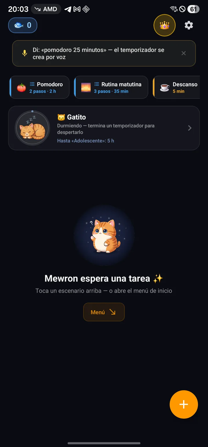 Pantalla de inicio con el gatito esperando una tarea