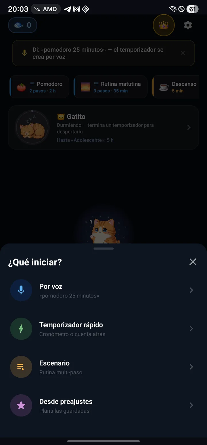 Menú de inicio con voz, temporizador rápido, escenario y preajustes