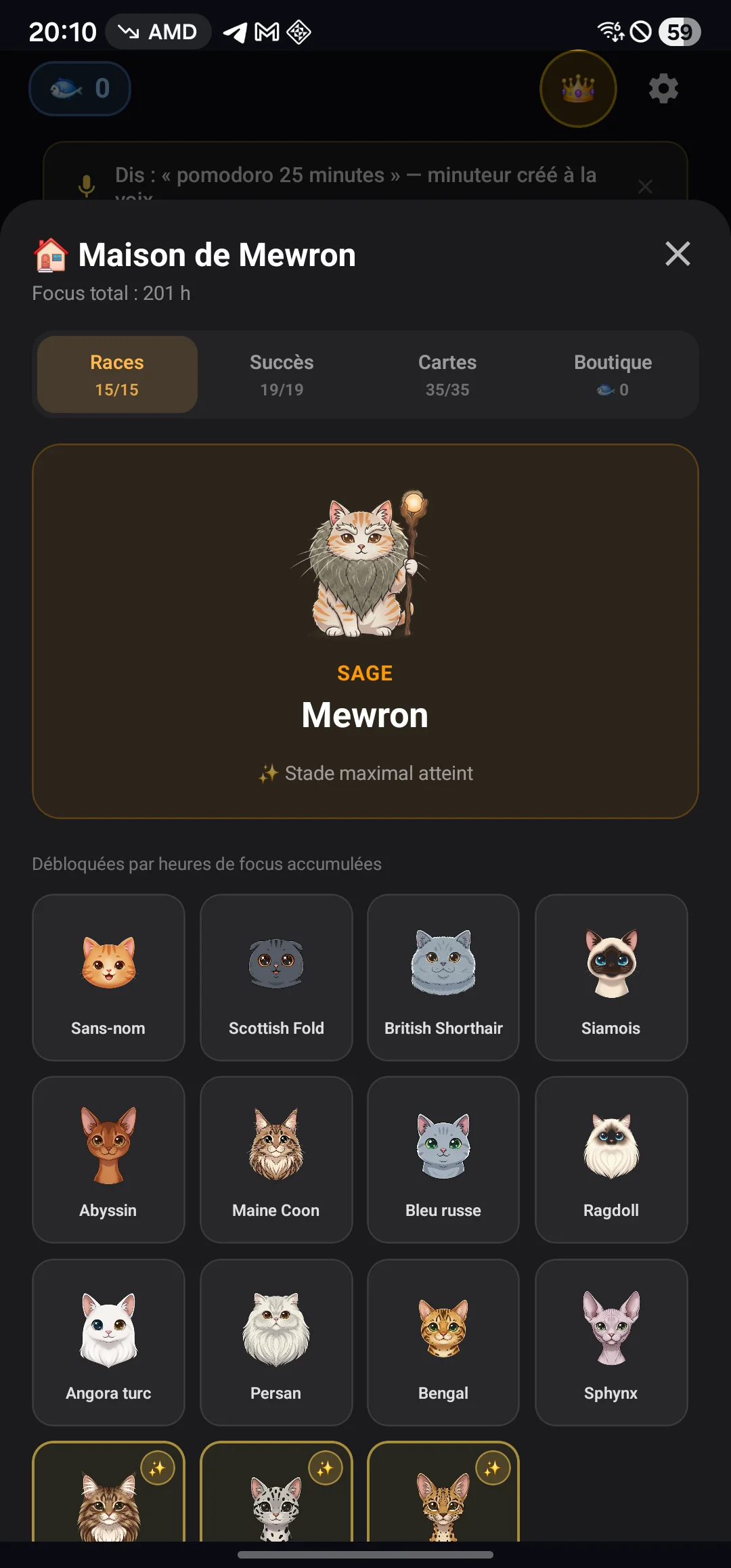 La Maison des chats avec les 15 races débloquées