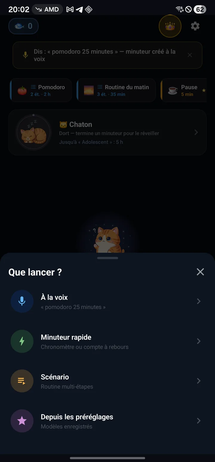 Menu de lancement : voix, minuteur rapide, scénario et presets