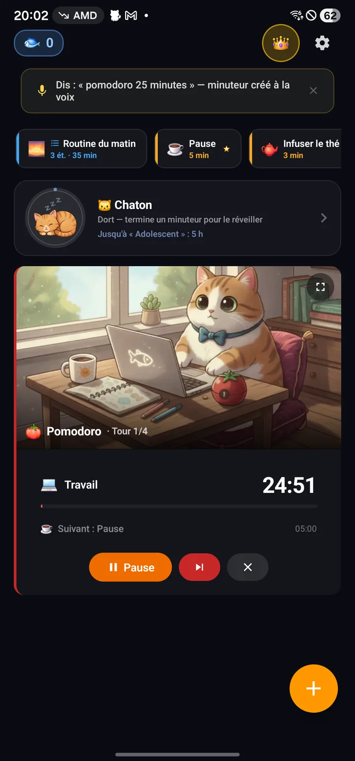Scénario Pomodoro actif, round 1 sur 4, 24:57 restantes