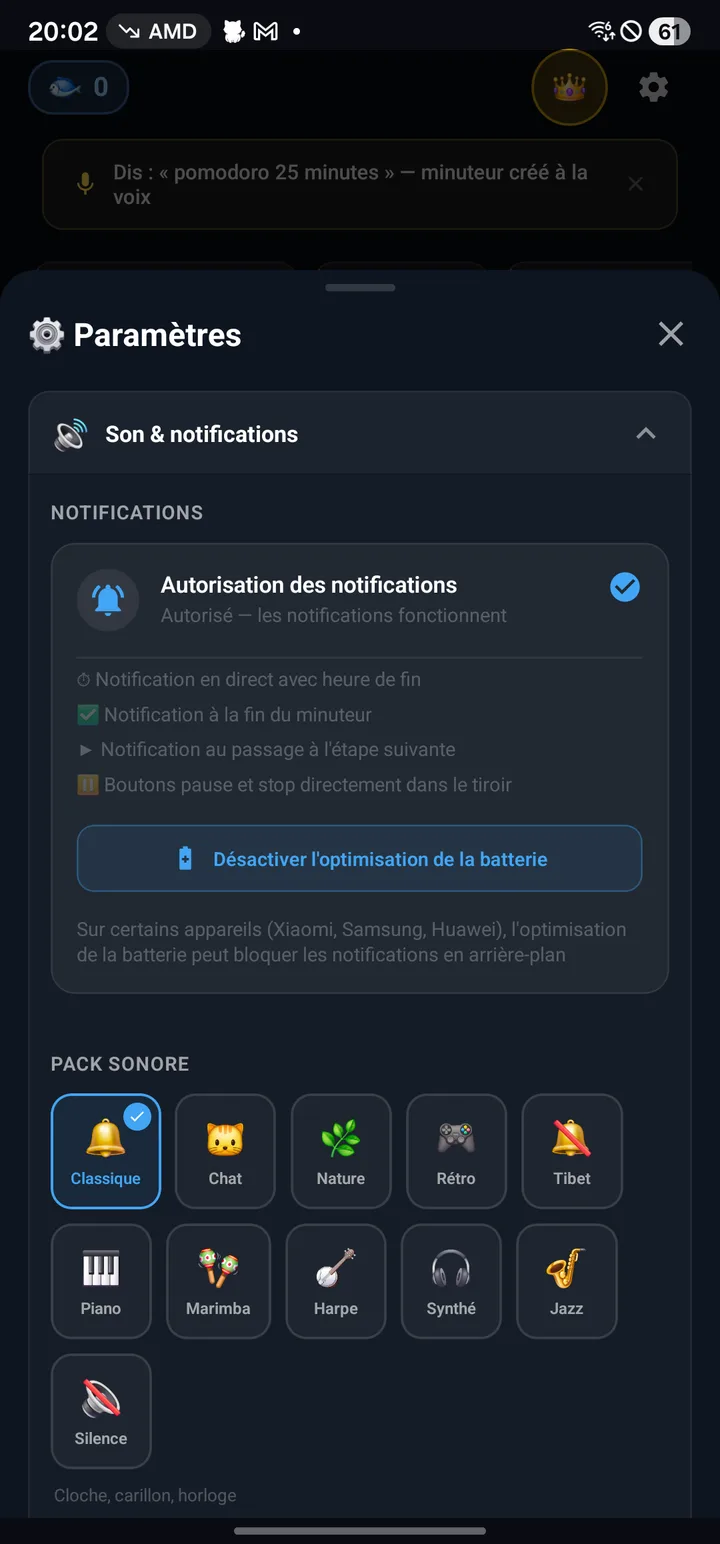 Réglages avec la grille des packs sonores