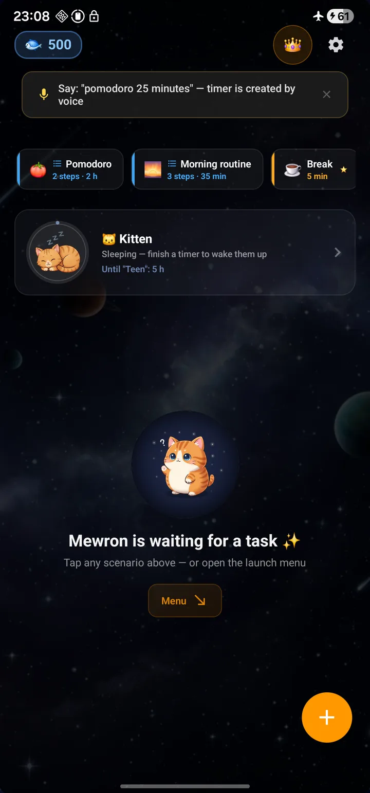 Home screen with the kitten waiting for a task