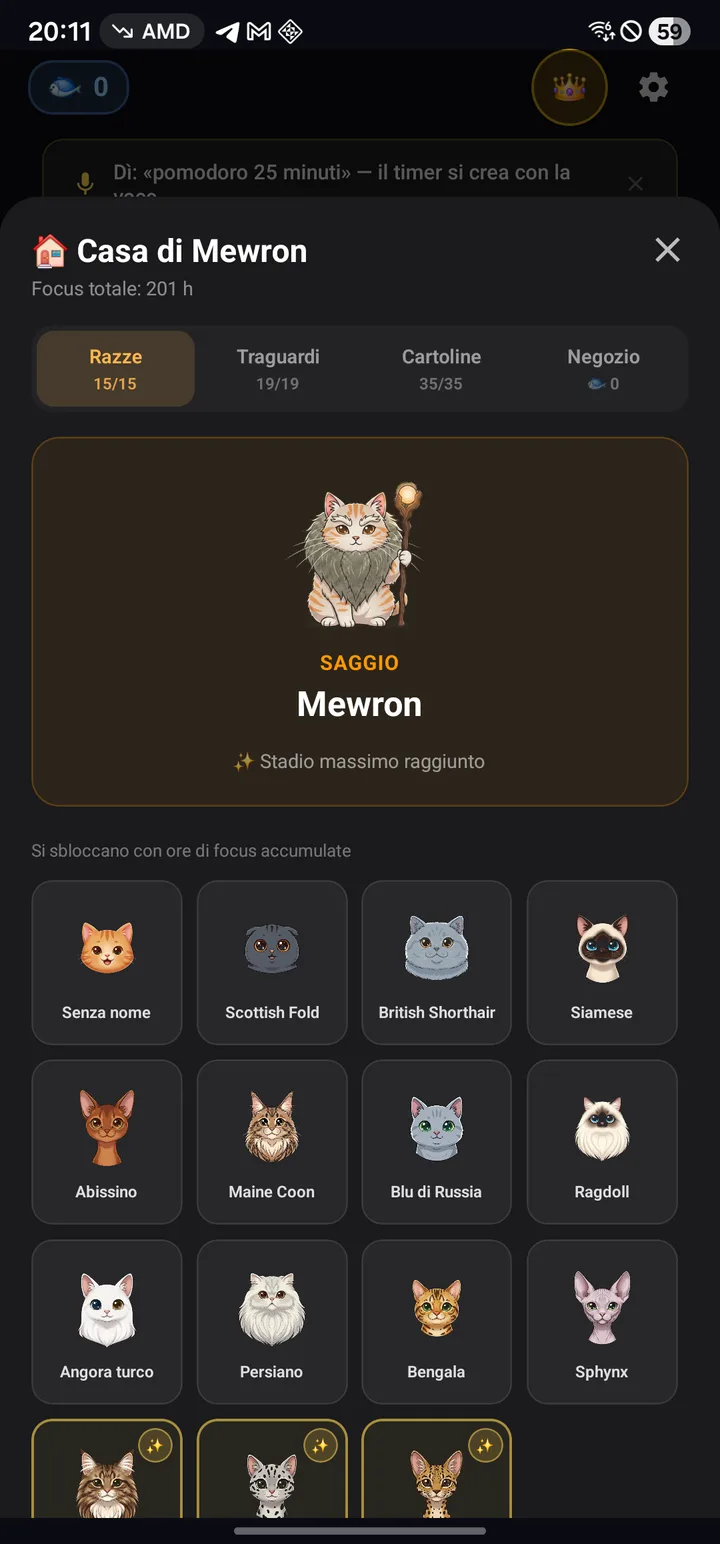 Casa dei Gatti — 15 razze sbloccate e Mewron nella fase Saggio