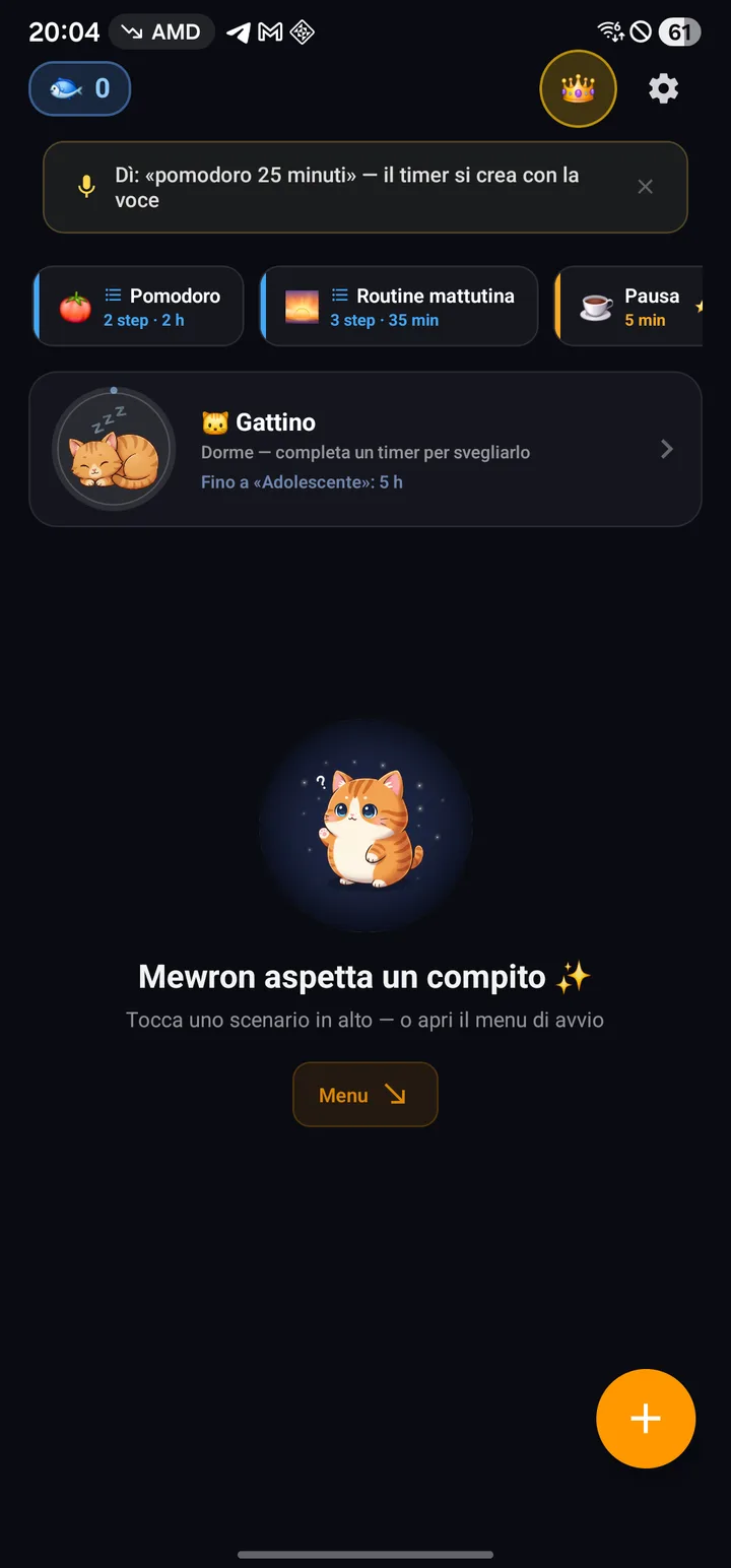 Schermata principale con il gattino che aspetta un compito