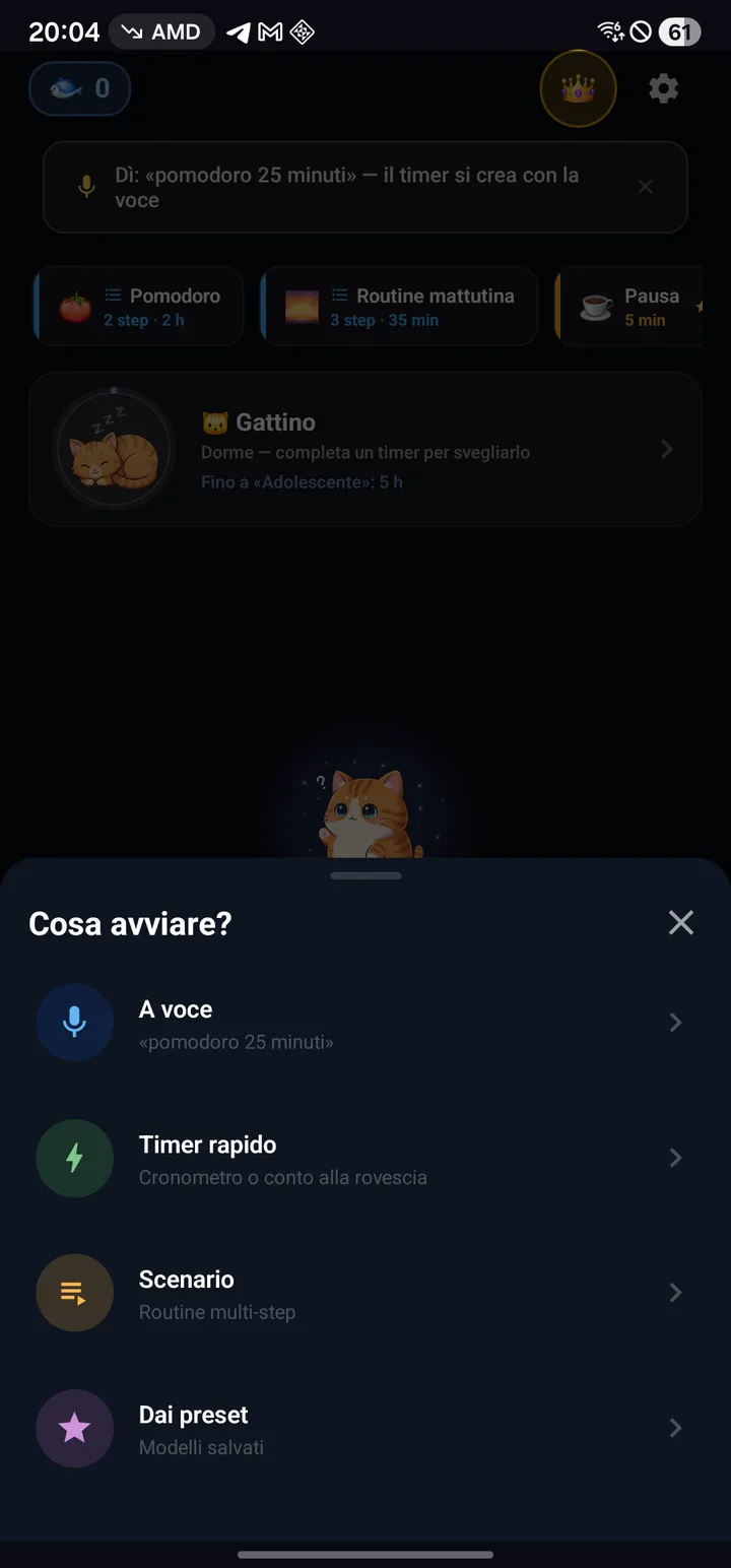 Menu di avvio: voce, timer rapido, scenario e preset