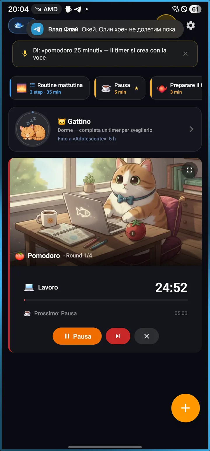 Scenario Pomodoro attivo, round 1 di 4, 24:57 rimanenti