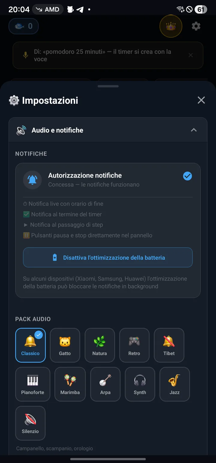 Impostazioni con la griglia dei sound pack