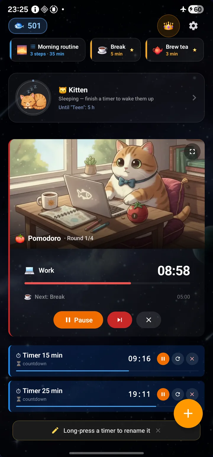 Active Pomodoro scenario, round 1 of 4, 24:57 remaining