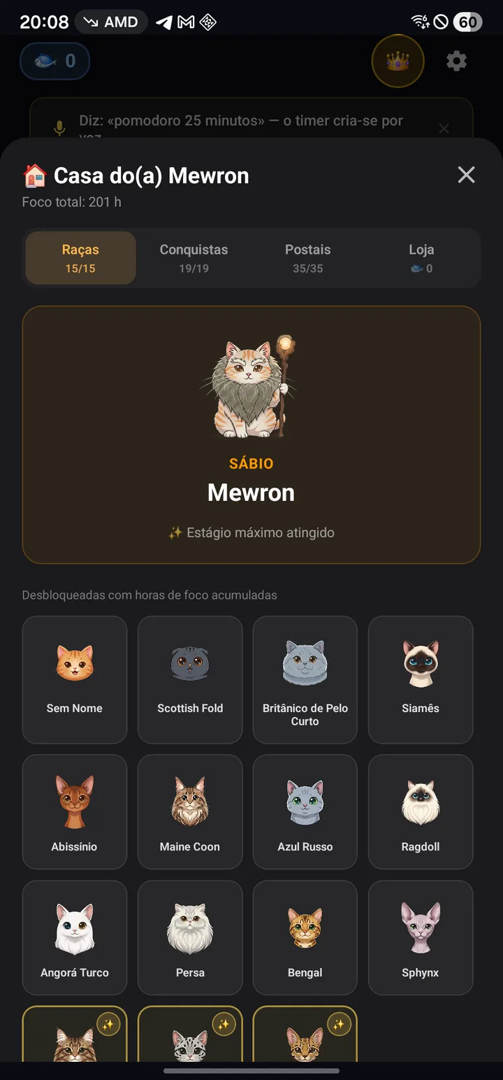 Casa dos Gatos com 15 raças desbloqueadas e o Mewron na fase Sábio