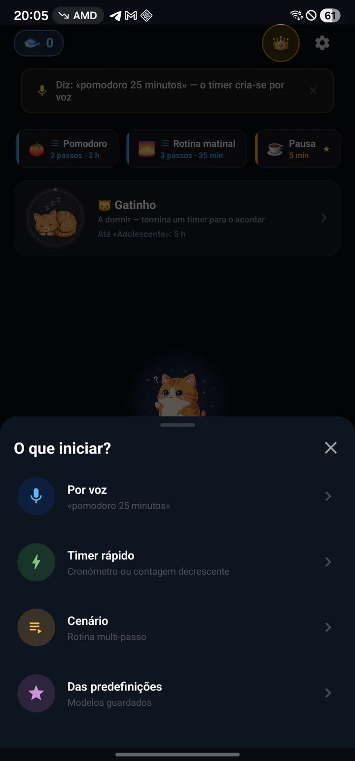 Menu de lançamento com voz, temporizador rápido, cenário e predefinições