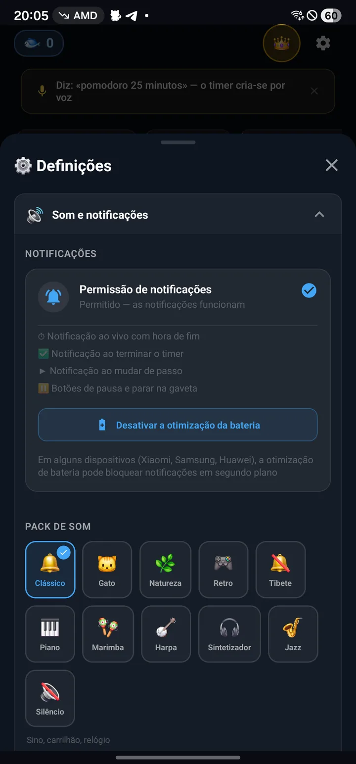 Definições com uma grelha de packs de som